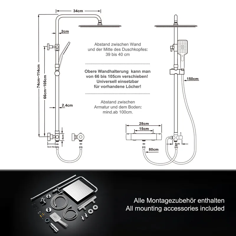 JOHO Regendusche Duschsystem mit Thermostatbatterie Edelstahl Duschset mit Duscharmatur Komplettset Chrom