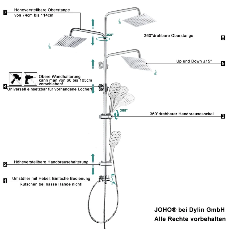 JOHO Regendusche Duschsystem mit Thermostatbatterie Edelstahl Duschset mit Duscharmatur Komplettset Chrom