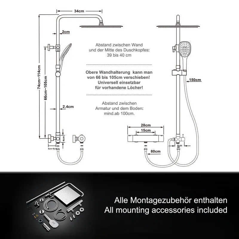 JOHO Regendusche Duschsystem mit Thermostatbatterie Edelstahl Duschset mit Duscharmatur Komplettset Chrom