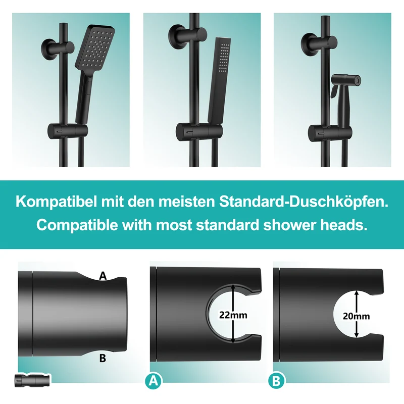 JOHO Edelstahl Duschstange 70cm mit Duschkopfhalterung Matt Schwarz