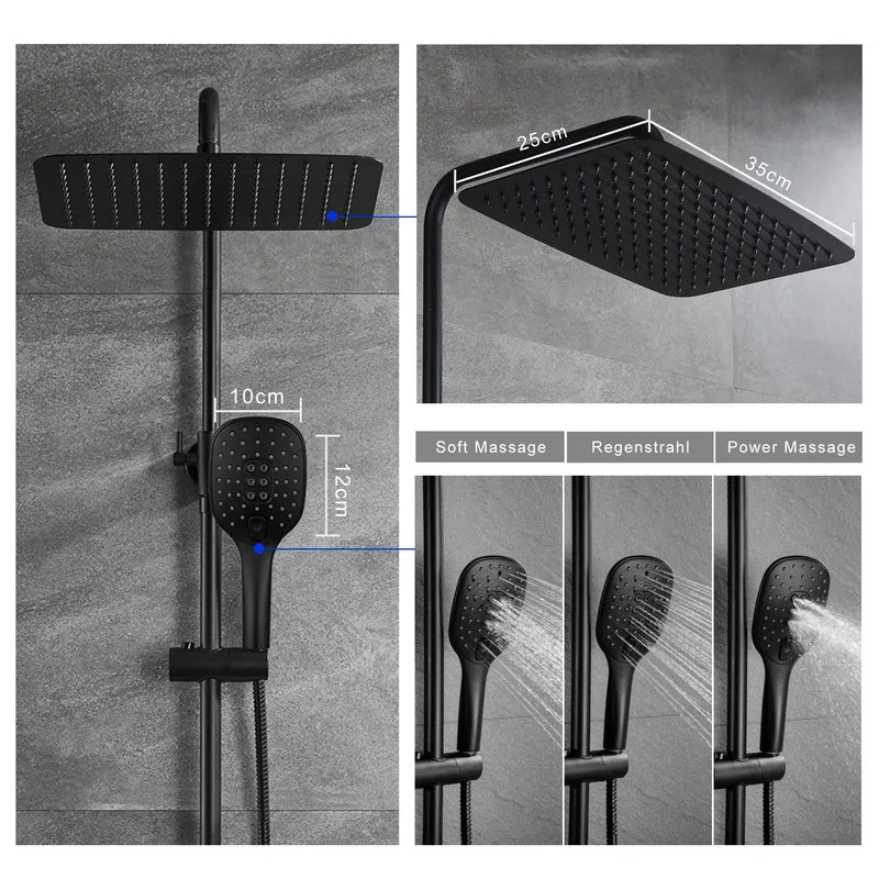 JOHO Thermostat Duschsystem Duschset mit 3 Strahlarten Handbrause matt schwarz (XXL Kopfbrause 35x25cm)