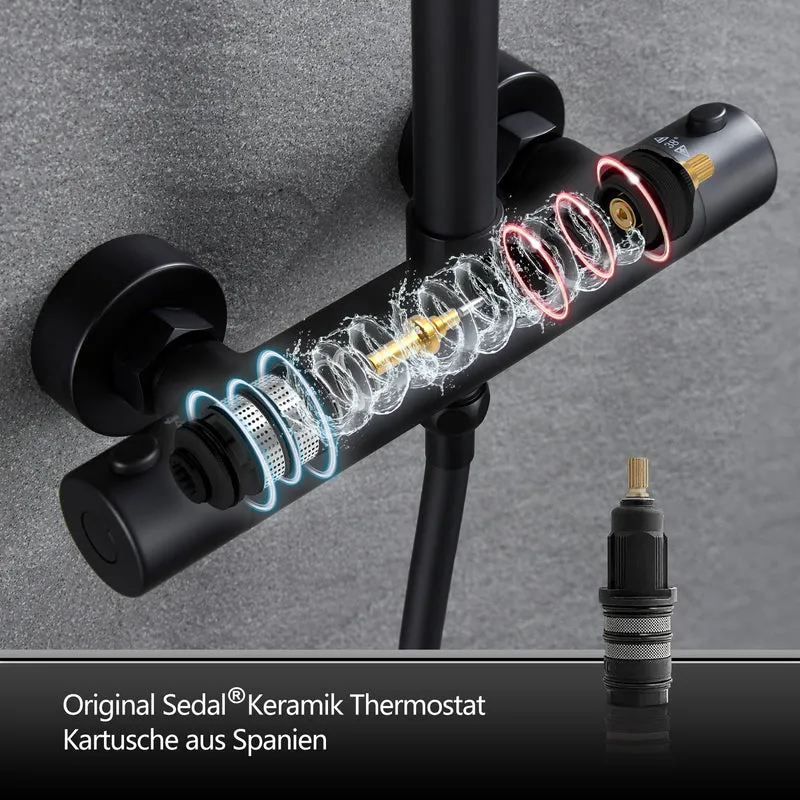 JOHO Thermostat Duschsystem Duschset mit 3 Strahlarten Handbrause matt schwarz (XXL Kopfbrause 35x25cm)