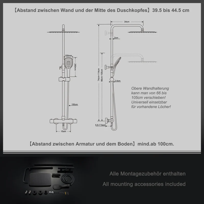 JOHO Thermostat Duschsystem Duschset mit 3 Strahlarten Handbrause matt schwarz (XXL Kopfbrause 35x25cm)