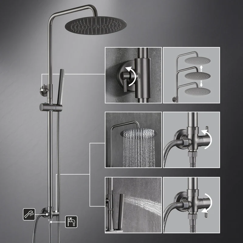 JOHO Edelstahl Duschset ohne Armatur, Regendusche Duschsystem mit Duschkopf, Duschstange, Duschschlauch, Rond Kopfbrause Gunmetal Grau