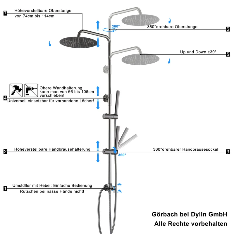 JOHO Edelstahl Duschset ohne Armatur, Regendusche Duschsystem mit Duschkopf, Duschstange, Duschschlauch, Rond Kopfbrause Gunmetal Grau
