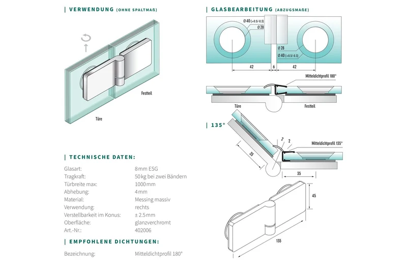 Eido S40 Hebe-Senk-Scharnier Glas-Glas 180°, DIN rechts, 8 mm ESG, Art.Nr. 402006