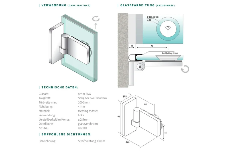 Eido S40 Hebe-Senk-Scharnier Glas-Wand 90°, DIN links, 8 mm ESG, Art.Nr. 402001