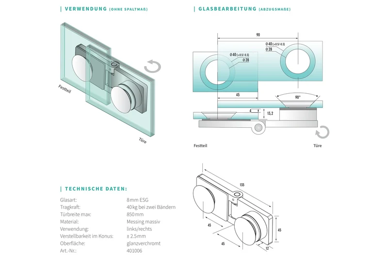 Eido S40 Scharnier Glas-Glas 180° überlappend, 8 mm ESG, Art.Nr. 401006