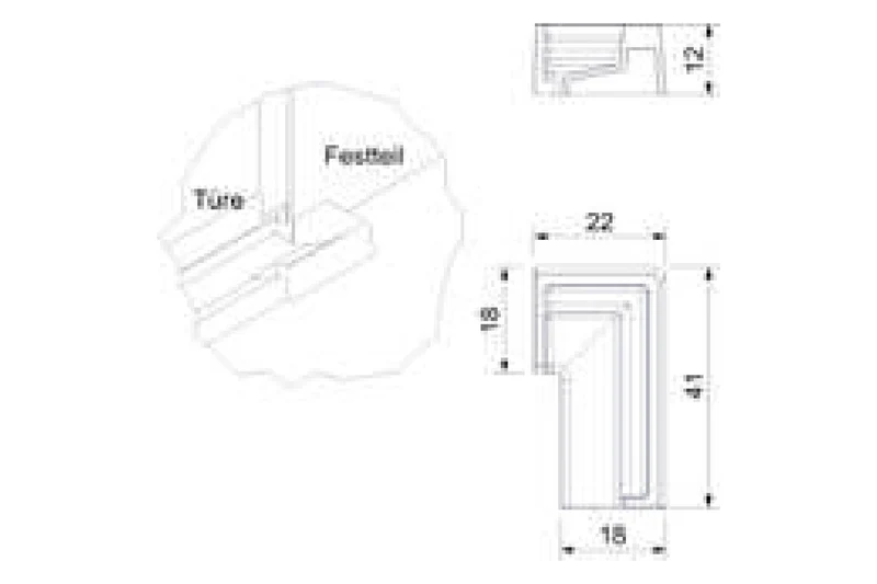 Endkappe kurz für Schwallschutzprofil 8x15 mm, links oder rechts, Winkel 41 x 22 mm, Art.Nr. 52.05.0070 und 52.05.0080