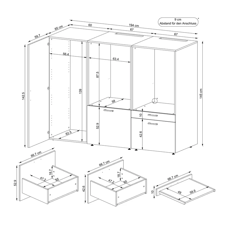 Roomart Waschmaschinenschrank SERIE 2, niedrige Schrankwand 194 oder 254 cm, in 2 Farben