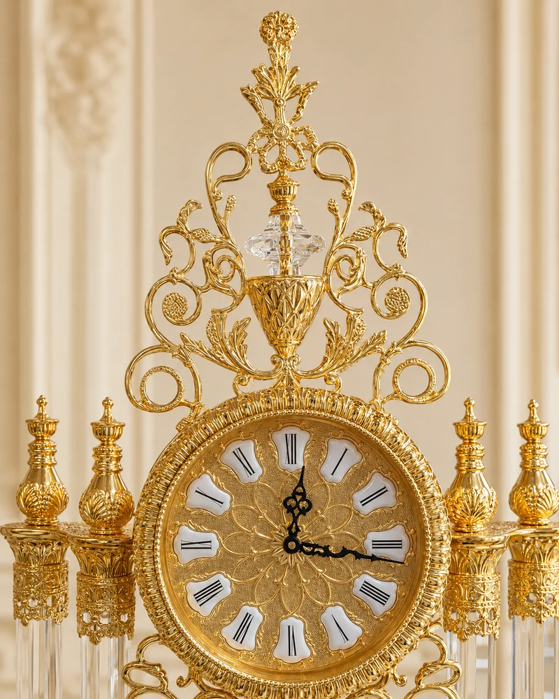 PRUNKVOLLE STANDUHR AUS MESSING; ACRYL UND MARMOR