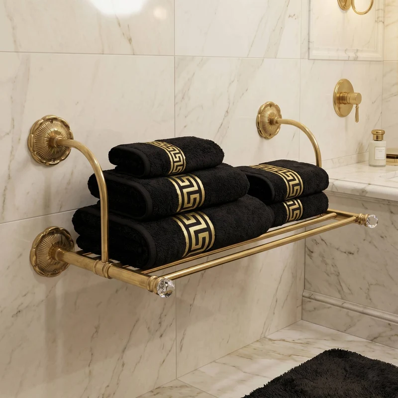 Handtuchablage Wandregal Messing Gold mit Kristallknöpfen - Luxus Badezimmer Handtuchhalter 53cm
