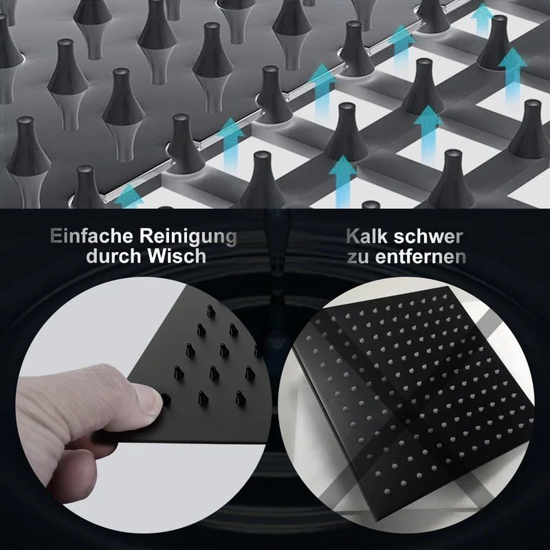 JOHO Edelstahl Kopfbrause Regendusche Duschkopf Eckigen Einbauduschkopf Mit Anti-Kalk Düsen Schwarz