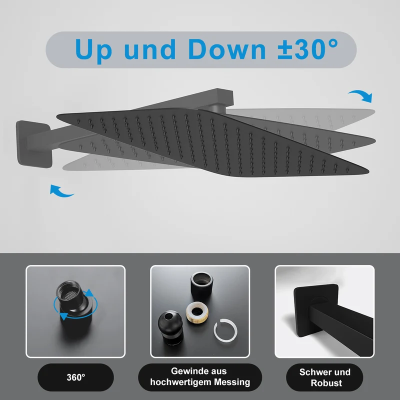 JOHO Kopfbrause Regendusche Duschkopf Brausekopf Einbauduschkopf aus 304 Edelstahl mit Bombenfester Brausearm Wandarm Duscharm 37cm Schwarz(35x25cm/37cm)
