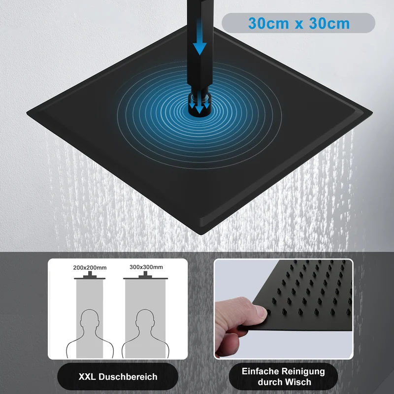 JOHO 30cm Regendusche Duschkopf Regenbrause Einbauduschköpfe aus 304 Edelstahl mit Bombenfester Brausearm zum Deckenanschluss 15cm Schwarz(30x30cm/15cm)