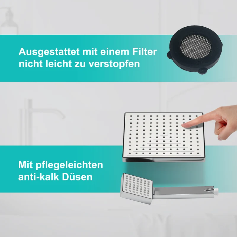 JOHO ABS Kopfbrause Eckig Regendusche Duschkopf mit Handbrause, 8 Zoll Brausekopf Quadratisch Einbauduschkopf Mit Anti-Kalk Düsen 20x20cm Chrom