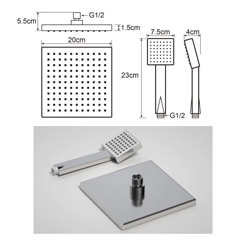 JOHO ABS Kopfbrause Eckig Regendusche Duschkopf mit Handbrause, 8 Zoll Brausekopf Quadratisch Einbauduschkopf Mit Anti-Kalk Düsen 20x20cm Chrom