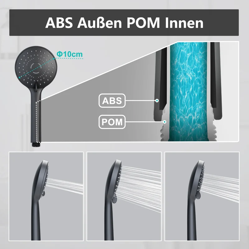 JOHO ABS Kopfbrause 8 Zoll Regendusche Duschkopf mit Handbrause, Runden Einbauduschkopf Mit Anti-Kalk Düsen D20cm Schwarz