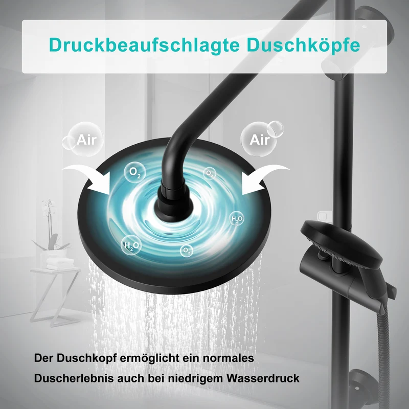 JOHO ABS Kopfbrause 8 Zoll Regendusche Duschkopf mit Handbrause, Runden Einbauduschkopf Mit Anti-Kalk Düsen D20cm Schwarz