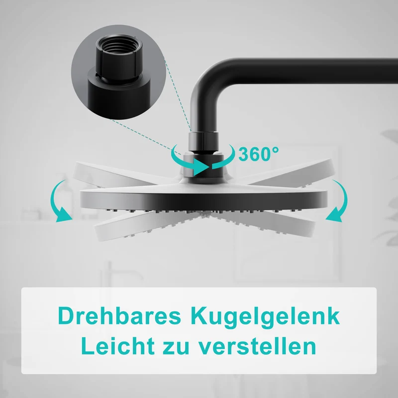 JOHO ABS Kopfbrause 8 Zoll Regendusche Duschkopf mit Handbrause, Runden Einbauduschkopf Mit Anti-Kalk Düsen D20cm Schwarz