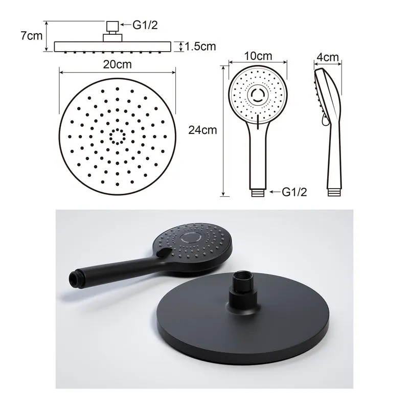 JOHO ABS Kopfbrause 8 Zoll Regendusche Duschkopf mit Handbrause, Runden Einbauduschkopf Mit Anti-Kalk Düsen D20cm Schwarz