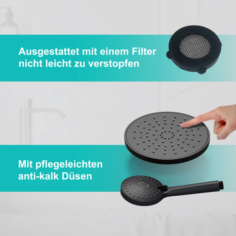 JOHO ABS Kopfbrause 8 Zoll Regendusche Duschkopf mit Handbrause, Runden Einbauduschkopf Mit Anti-Kalk Düsen D20cm Schwarz