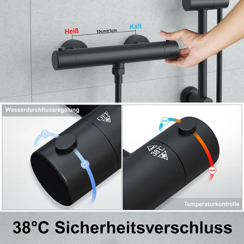 JOHO Thermostat Duschsystem mit Duscharmatur, Duschstangeset mit Duschablage, Thermostat Mischbatterie Dusche + Edelstahl Brausestangeset 70cm mit Handbrause und Schlauch Rechteckig Matt Schwarz