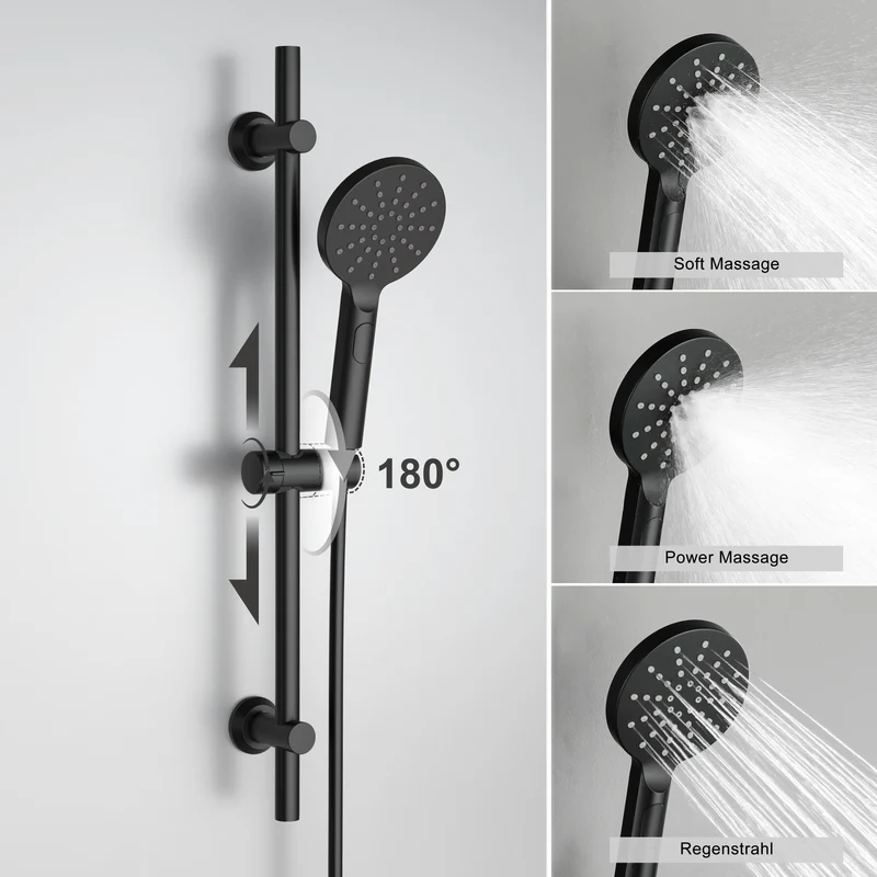 JOHO Thermostat Duschsystem mit Duscharmatur und Duschstangeset mit Duschablage, Messing Thermostat Mischbatterie Dusche + Edelstahl Brausestangeset 70cm mit Handbrause und Schlauch, Rund Matt Schwarz