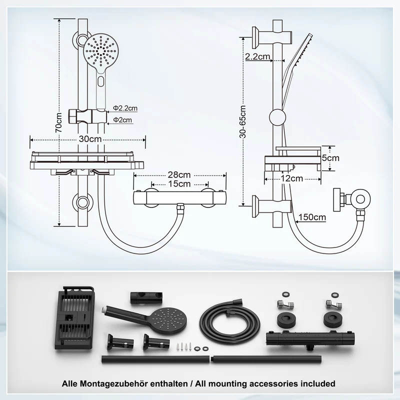 JOHO Thermostat Duschsystem mit Duscharmatur und Duschstangeset mit Duschablage, Messing Thermostat Mischbatterie Dusche + Edelstahl Brausestangeset 70cm mit Handbrause und Schlauch, Rund Matt Schwarz