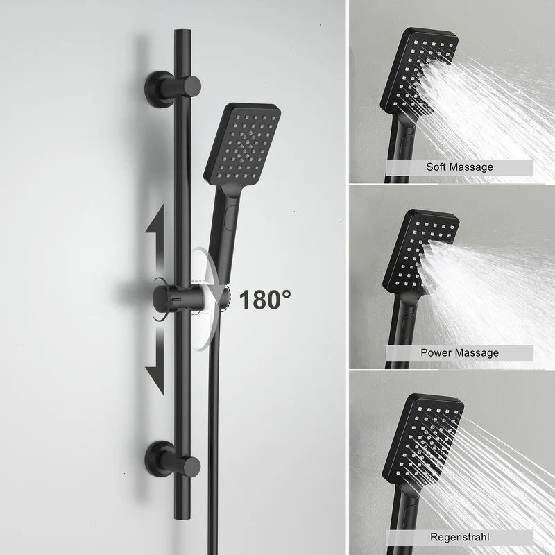 JOHO Thermostat Duschsystem mit Duscharmatur, Duschstangeset mit Duschablage, Thermostat Mischbatterie Dusche + Edelstahl Brausestangeset 70cm mit Handbrause und Schlauch Rechteckig Matt Schwarz