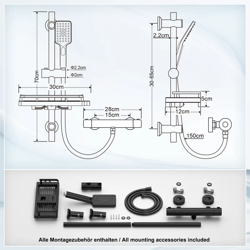 JOHO Thermostat Duschsystem mit Duscharmatur, Duschstangeset mit Duschablage, Thermostat Mischbatterie Dusche + Edelstahl Brausestangeset 70cm mit Handbrause und Schlauch Rechteckig Matt Schwarz