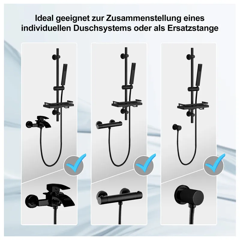 JOHO Duschset mit Duschablage Seifenschale, Edelstahl Brausestangeset 70cm mit Duschstange und Handbrause, Duschbrause mit Schlauch und Halterung Matt Schwarz