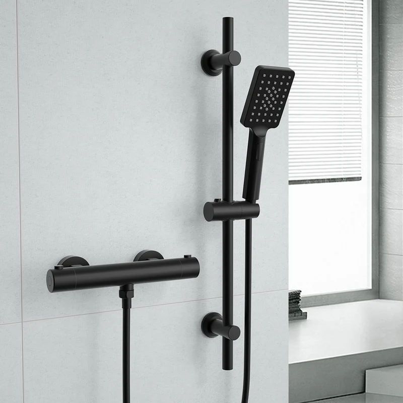 JOHO Thermostat Duscharmatur mit 38 °C Sicherheitstaste, Mischbatterie Dusche Thermostat, Schwarz Badewannenarmatur für Dusche und Badewanne