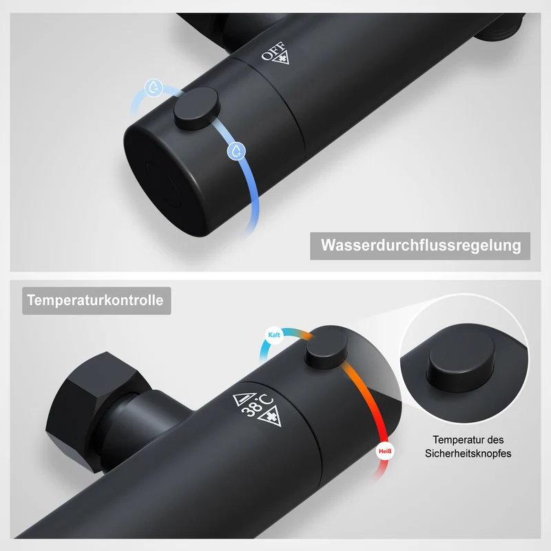 JOHO Thermostat Duscharmatur mit 38 °C Sicherheitstaste, Mischbatterie Dusche Thermostat, Schwarz Badewannenarmatur für Dusche und Badewanne