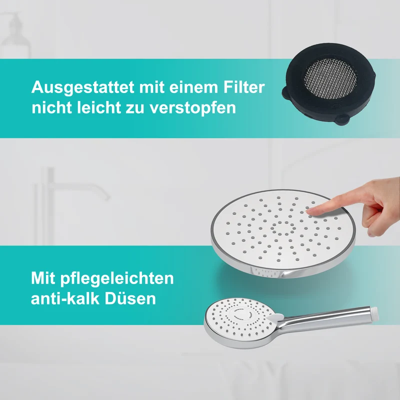 JOHO ABS Kopfbrause 8 Zoll Regendusche Duschkopf mit Handbrause, Runden Einbauduschkopf Mit Anti-Kalk Düsen D20cm Chrom