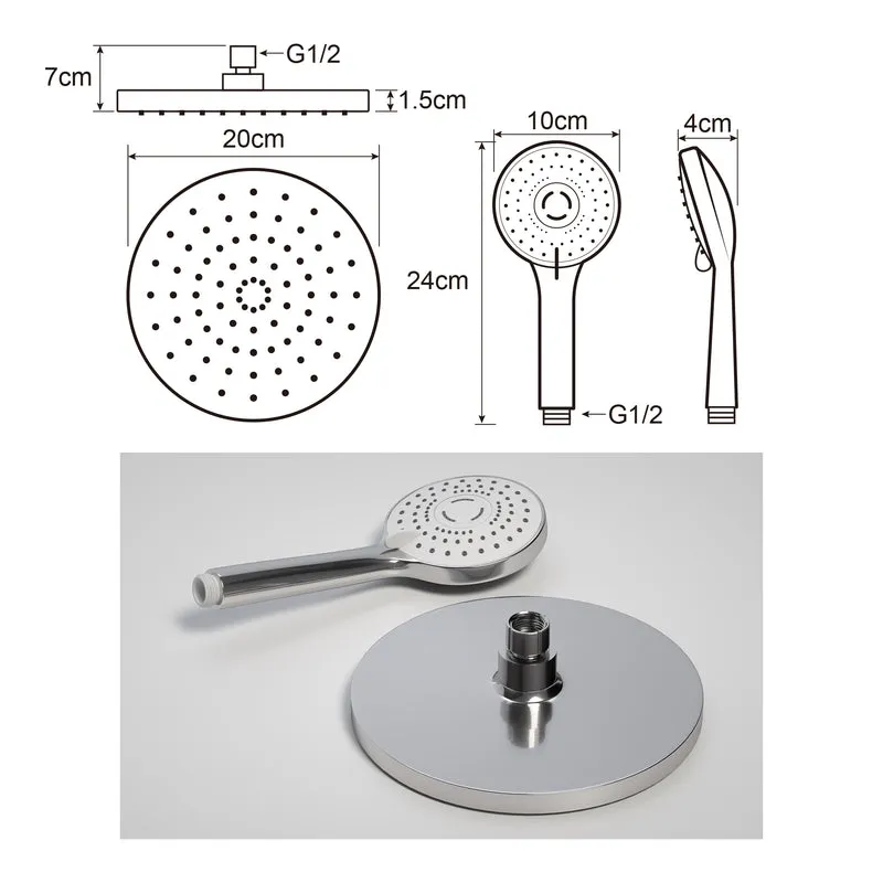JOHO ABS Kopfbrause 8 Zoll Regendusche Duschkopf mit Handbrause, Runden Einbauduschkopf Mit Anti-Kalk Düsen D20cm Chrom