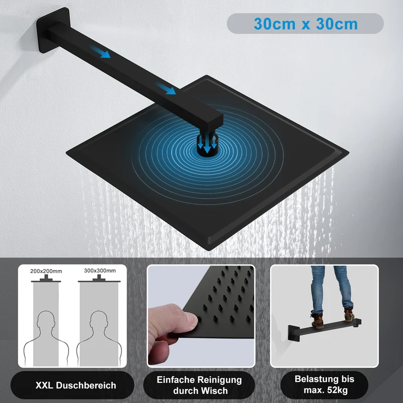 JOHO Regendusche Duschkopf Eckig Regenbrause Einbauduschköpfe aus 304 Edelstahl mit Bombenfester Brausearm Wandarm Duscharm 37cm Schwarz