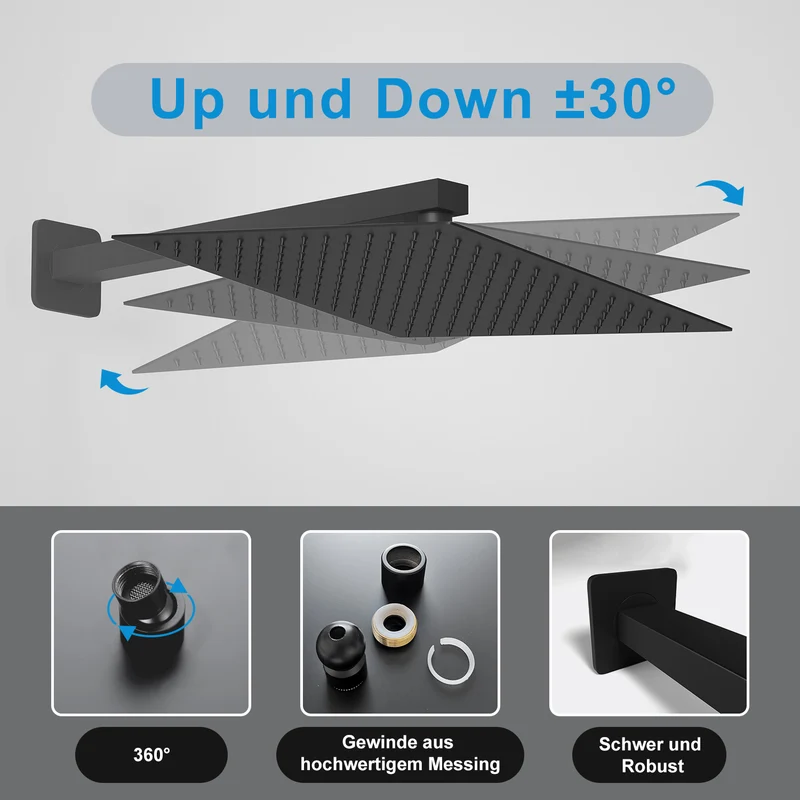 JOHO Regendusche Duschkopf Eckig Regenbrause Einbauduschköpfe aus 304 Edelstahl mit Bombenfester Brausearm Wandarm Duscharm 37cm Schwarz