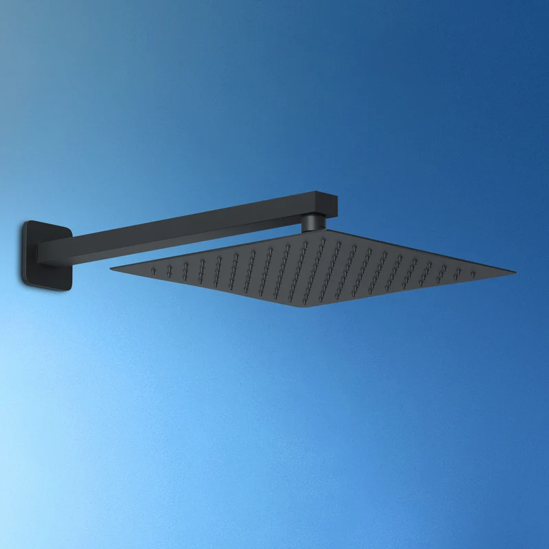 JOHO Regendusche Duschkopf Eckig Regenbrause Einbauduschköpfe aus 304 Edelstahl mit Bombenfester Brausearm Wandarm Duscharm 37cm Schwarz