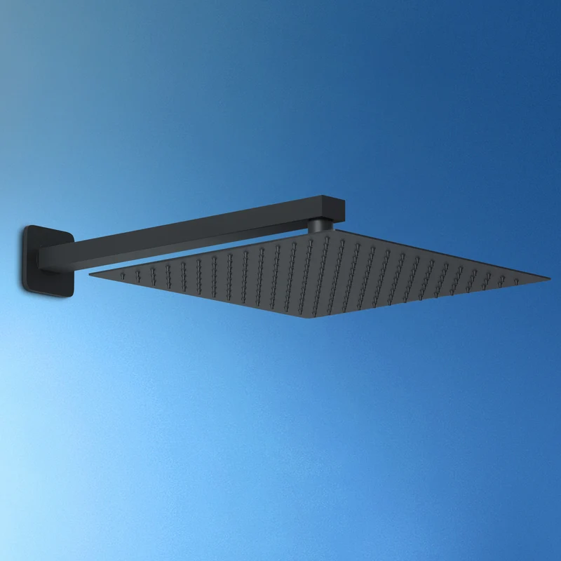 JOHO Regendusche Duschkopf Eckig Regenbrause Einbauduschköpfe aus 304 Edelstahl mit Bombenfester Brausearm Wandarm Duscharm 37cm Schwarz