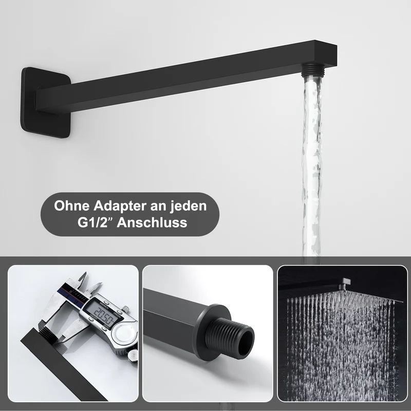 JOHO Bombenfester Brausearm Edelstahl Wandarm für Kopfbrause Regenduschkopf mit zulässiger Belastung ca.52Kg 37cm Schwarz