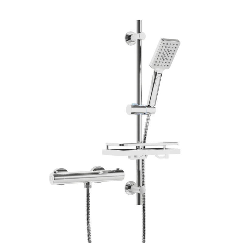 JOHO Thermostat Duschsystem mit Duscharmatur, Duschstangeset mit Duschablage, Thermostat Mischbatterie Dusche + Edelstahl Brausestangeset 70cm mit Handbrause und Schlauch Rechteckig Chrom