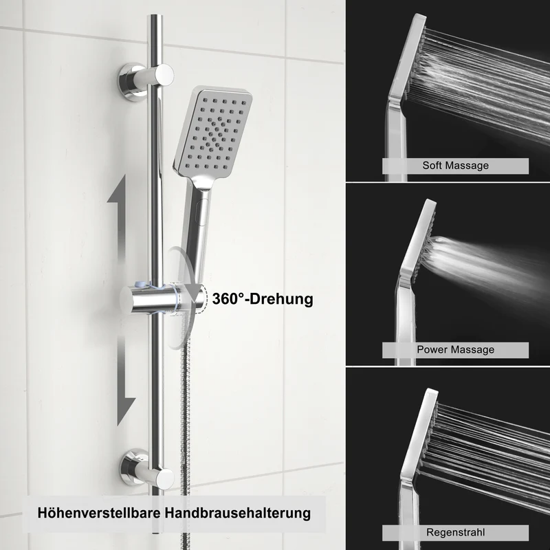 JOHO Thermostat Duschsystem mit Duscharmatur, Duschstangeset mit Duschablage, Thermostat Mischbatterie Dusche + Edelstahl Brausestangeset 70cm mit Handbrause und Schlauch Rechteckig Chrom