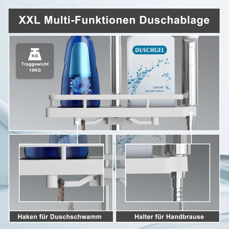 JOHO Duschset Duschstangeset mit Ablage, Rail Shower kit Brausestangeset mit Rund Handbrause Chrom (DSD12CP)