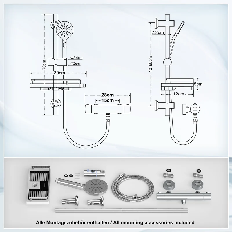 JOHO Thermostat Duschsystem mit Duscharmatur und Duschstangeset mit Duschablage Chrom TM-DSD12CP- A