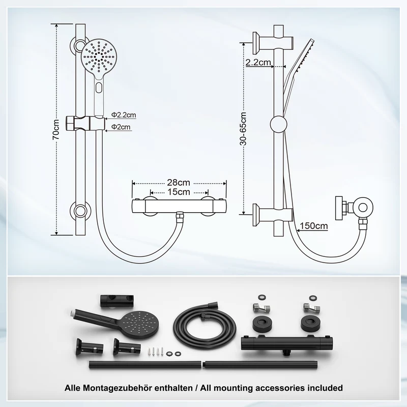 JOHO Thermostat Duscharmatur mit Duschstangen-Set, Thermostat-Brausebatterie mit Brausegarnitur, Thermostat Mischbatterie Dusche + Edelstahl Brausestangeset 70cm, DSD12 Matt Schwarz