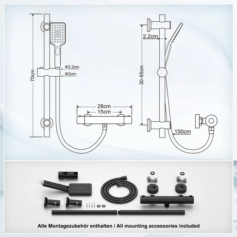 JOHO Thermostat Duscharmatur mit Duschstangen-Set, Thermostat-Brausebatterie mit Brausegarnitur, Thermostat Mischbatterie Dusche + Edelstahl Brausestangeset 70cm, Rechteckig Matt Schwarz