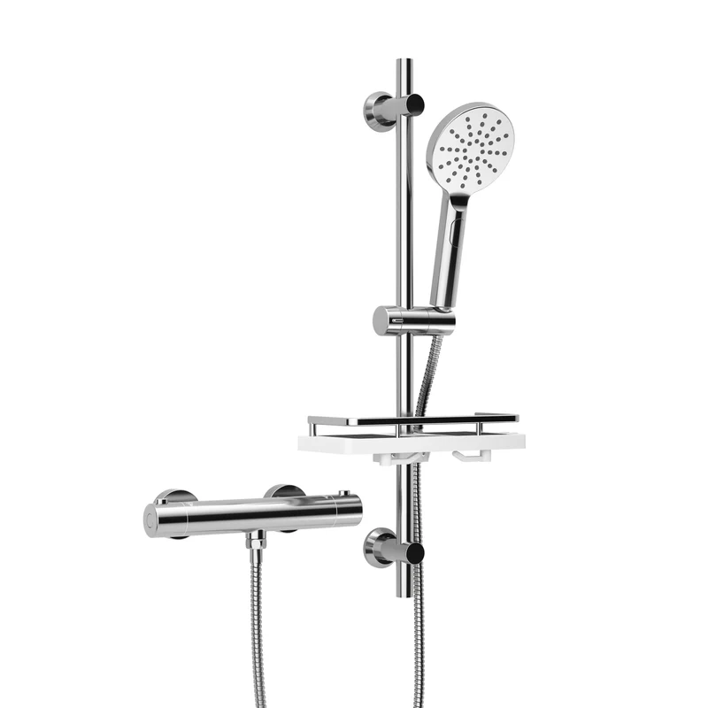 JOHO Thermostat Duscharmatur mit Duschstangen-Set, Thermostat-Brausebatterie mit Brausegarnitur, Thermostat Mischbatterie Dusche + Edelstahl Brausestangeset 70cm, Rechteckig Chrom