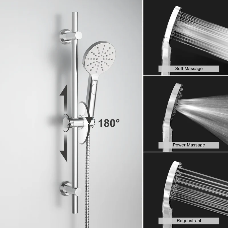 JOHO Thermostat Duscharmatur mit Duschstangen-Set, Thermostat-Brausebatterie mit Brausegarnitur, Thermostat Mischbatterie Dusche + Edelstahl Brausestangeset 70cm, Rund Chrom