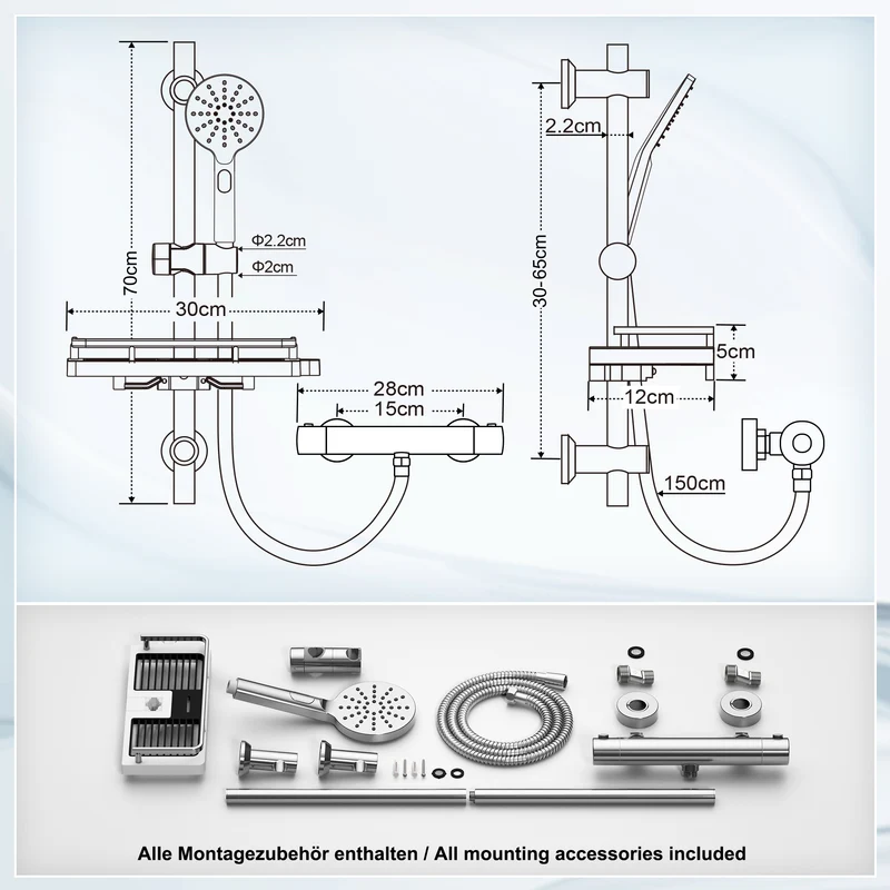JOHO Thermostat Duscharmatur mit Duschstangen-Set, Thermostat-Brausebatterie mit Brausegarnitur, Thermostat Mischbatterie Dusche + Edelstahl Brausestangeset 70cm, Rechteckig Chrom